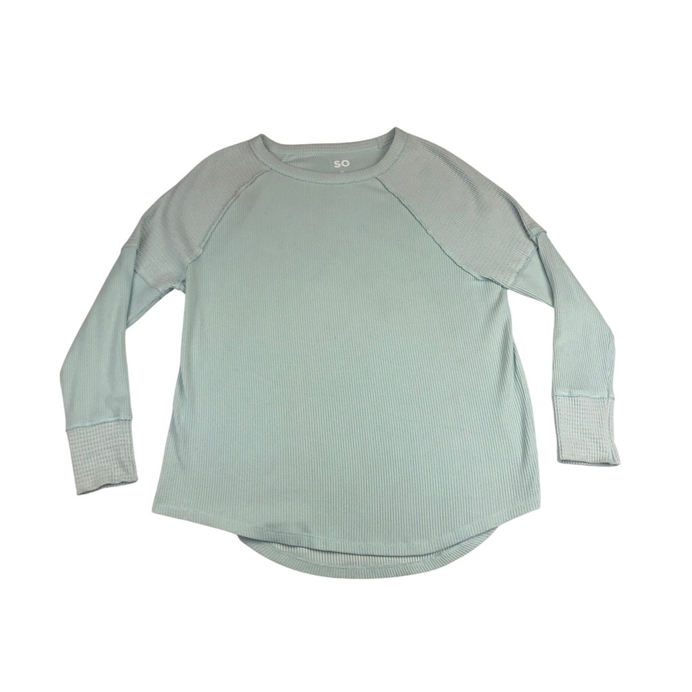 SO Women's Waffle‎ Knit Long Sleeve Pullover Top Teal Blue Size XL Curved Hem